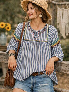 Hayden Los Angeles Embroidered Stripe Boho Top Womens Medium Cotton